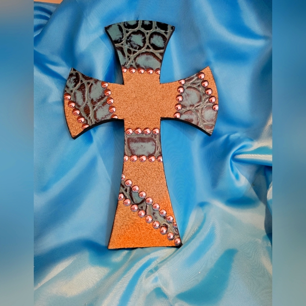 Cowhide Leather Cross with Turquoise Layer in Resin & Metal Combo